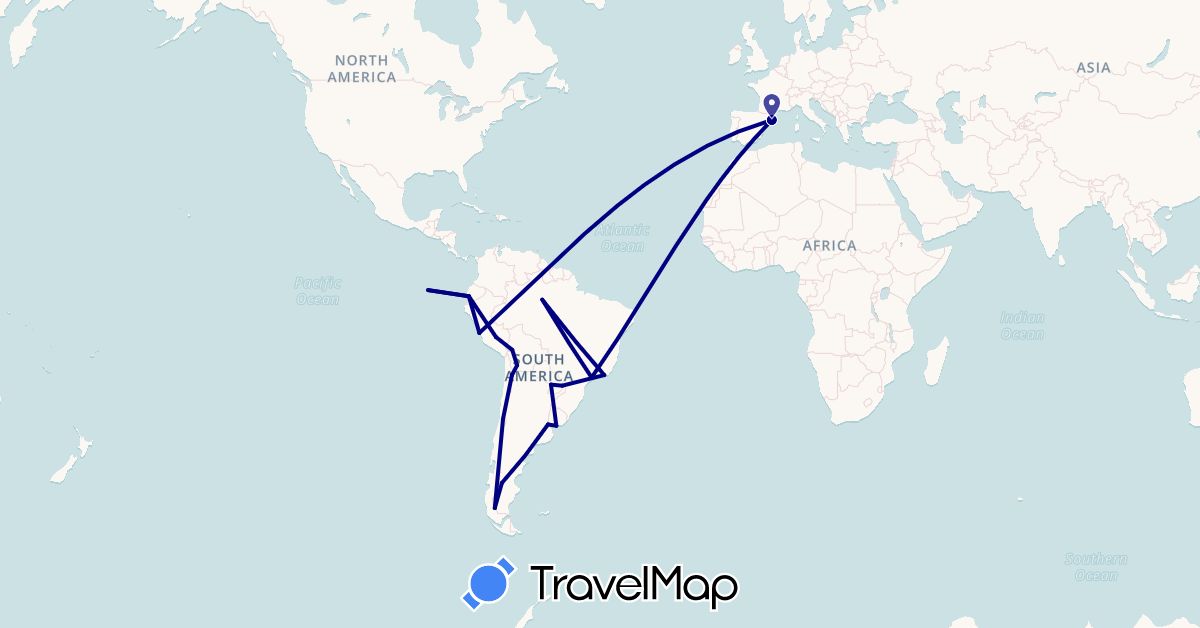 TravelMap itinerary: driving in Argentina, Bolivia, Brazil, Chile, Ecuador, Spain, Peru, Paraguay, Uruguay (Europe, South America)